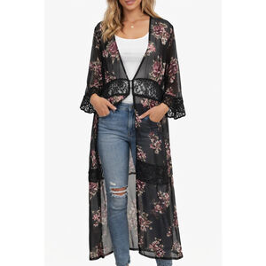 Daytrip Kimono XL Black Vtg Inspo Floral Lace Sheer Long Duster Boho Cardigan